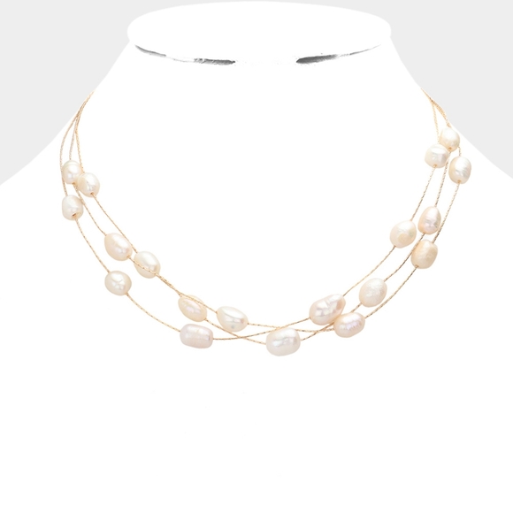 iFashionBox Jewelry - Gold Cream Pearls Station Multi Strand Triple Layered Necklace Jewelry